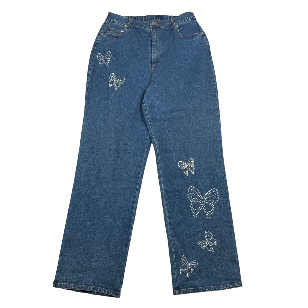 Quacker Factory Jeans Size Large Butterfly Rhinestones Blue Denim Elastic Waist